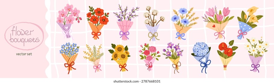 Big vector set of spring flower bouquets on pink checkered background. Large floral bundle and botanical element collection with sunflowers, hydrangea, roses, lavender, orchids and poppies