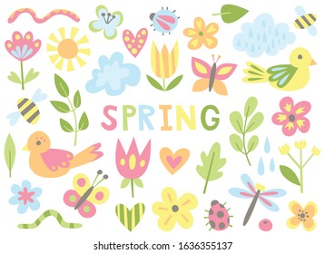 Big vector set of spring flowers, insects and birds with word "Spring" in the center