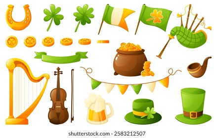 Big vector set for St. Patrick's Day with holiday attributes. Green clover leaf, hat, pot with gold coins, violin, harp, tobacco pipe, beer, shamrock. Design for clip art, stickers, postcards.