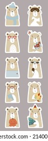 Big Vector set of stickers with cute bears at different times of year and with different objects. Winter teddy bear in hat, with bouquet of flowers and with autumn leaves, sailor and pumpkin Halloween