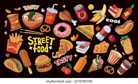 Big vector set of street food from different countries. Colorful images of drinks, desserts, breakfasts on a dark background in vintage style. It is used to decorate cafes, bars and restaurants.