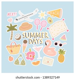 Big vector set of stylish elements on a beach theme. Hand drawn elements for summer holiday and party. Cute vector summer icons. Tropical plants, flowers, fruits, ice cream, beach and summer items.