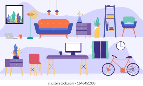 Big vector set with stylized furniture elements to make your own flat background or an illustration for a motion graphic explainer. House elements for your pattern, web site or other type of design.