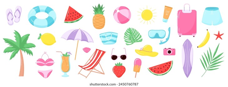 Gran conjunto de Vector de cosas de verano aislado sobre fondo blanco. Comida de verano, ropa, plantas. Ilustraciones para vacaciones, viajes, vacaciones en la playa por el mar, Anuncio, flyer, paquete