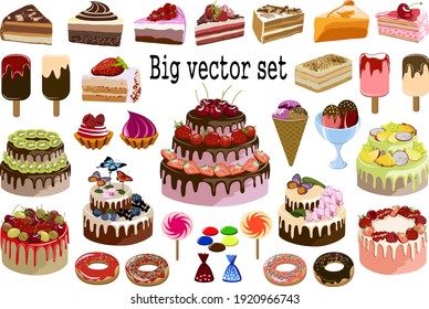 Big vector set of sweet desserts.Collection of sweet desserts on white background in color vector illustration.