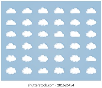 Big vector set of thirty six white cloud  shapes, cloud icons for web and app, for cloud computing and so on in flat style