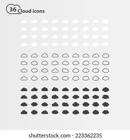 Big Vector Set Of Thirty-six Cloud Shape:white Cloud Shape,black Line Cloud Shape,black Cloud Shape. Cloud Icons, Sign For Web And App, For Cloud Computing And So On, Isolated On A White Background