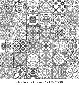 Big vector set of tiles background in portuguese style. Back and white mosaic background in dutch, portuguese, spanish, italian style.