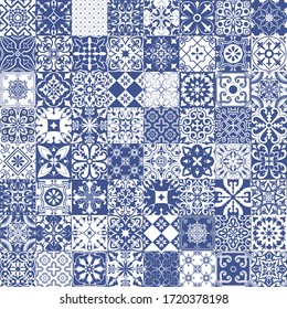 Big vector set of tiles background in portuguese style in blue. Mosaic pattern for ceramic in dutch, portuguese, spanish, italian style.