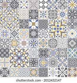 Big vector set of tiles background. Mosaic pattern for ceramic in dutch, portuguese, spanish, italian style.