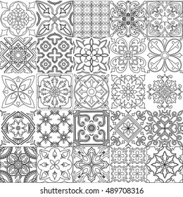 Big vector set of tiles background in black and white. For coloring pages, backgrounds, decoration for your design, ceramic, page fill and more. 