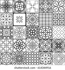 Big vector set of tiles background in black and white. For wallpaper, backgrounds, decoration for your design, ceramic, page fill and more.
