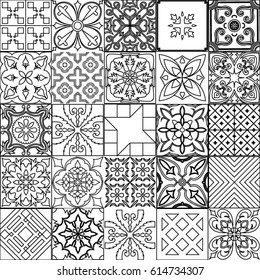 Big vector set of tiles background in black and white. For wallpaper, backgrounds, decoration for your design, ceramic, page fill and more.