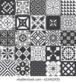 Big vector set of tiles background in black and white. For wallpaper, backgrounds, decoration for your design, ceramic, page fill and more.