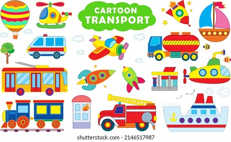 Gran vector conjunto de transporte y coches en estilo de caricatura divertida