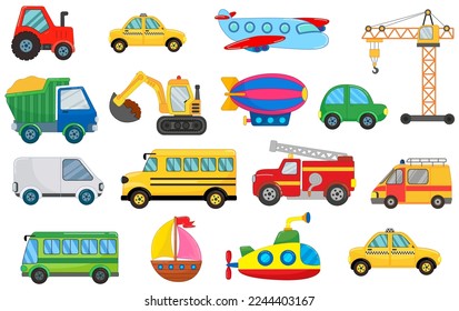 Big vector set of transport and cars in funny cartoon style