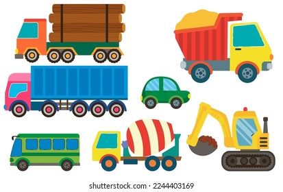 Big vector set of transport and cars in funny cartoon style