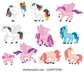 
Big vector set with unicorns and pegasuses. Vector cartoon pony. Cute vector horse. Magic pegasus. Illustration for children 