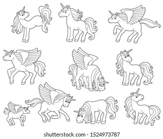 
Big vector set with unicorns and pegasuses. Vector cartoon pony. Cute vector horse. Magic pegasus. Illustration for children. Coloring book