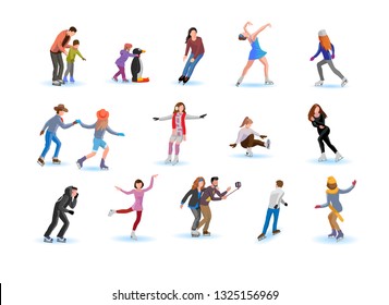  Big vector set of various people  skating on ice rink