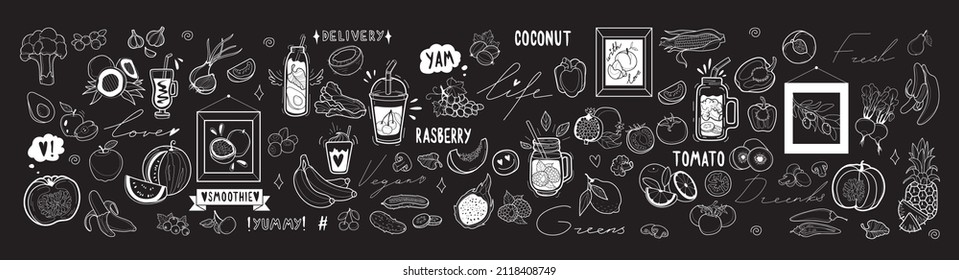 Big vector set of vegetarian health food fruits and vegetables, drinks and smoothie, blackboard or chalk board design, decoration items of cafe, fastfood menu. Hand drawing words. White outlines.