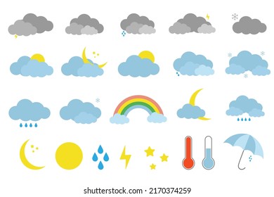 Big vector set of weather icons.Symbols of rain, clouds,rainbow,stars,moon, snow,sun.Hot and cold weather. Meteo forecast icons vector set.