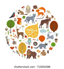 Big vector set of wild animals and autumn woodland elements. Moose, deer, bear, fox, wolf, owl, hare, squirrel, raccoon, hedgehog and other mammals and birds. Autumn trees, leaves and mushrooms.