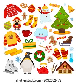 Big vector set of winter icons. Collection of scrapbooking elements. Christmas icons. Cartoon elements: christmas tree, penguin, skates, gift, snowman, sweater, bell.
