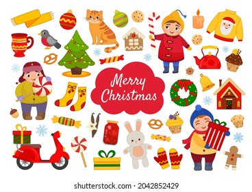 Big vector set of winter icons. Collection of scrapbooking elements. Christmas icons. Cartoon elements: cute kids, Christmas tree, ginger cat, sweets, gifts.

