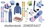 Big vector set of winter sport equipment skis, snowboard, boots, protective glasses, helmet, skates, ski poles, sled, stick, puck in blue color. Hand drawn vector illustrations in flat style