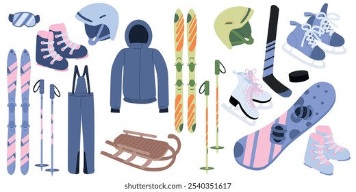 Big vector set of winter sport equipment skis, snowboard, boots, protective glasses, helmet, skates, ski poles, sled, stick, puck in blue color. Hand drawn vector illustrations in flat style