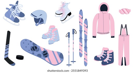 Große Vektor-Set von Wintersport-Ausrüstung Ski, Snowboard, Stiefel, Schutzbrille, Helm, Skates, Skistöcke, Schlitten, Stick, Puck in blauer Farbe. Handgezeichnete Vektorgrafiken im flachen Stil