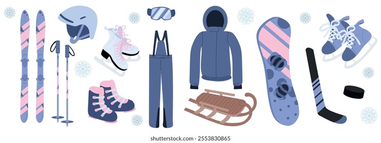 Big vector set of winter sport equipment skis, snowboard, boots, protective glasses, helmet, skates, ski poles, sled, stick, puck in blue color. Hand drawn vector illustrations in flat style