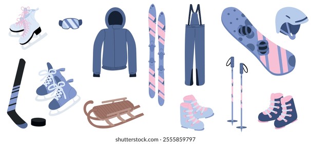 Big vector set of winter sport equipment skis, snowboard, boots, protective glasses, helmet, skates, ski poles, sled, stick, puck in blue color. Hand drawn vector illustrations in flat style