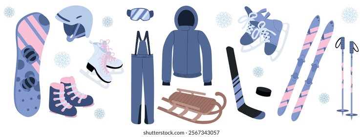 Big vector set of winter sport equipment skis, snowboard, boots, protective glasses, helmet, skates, ski poles, sled, stick, puck in blue color. Hand drawn vector illustrations in flat style