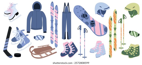 Big vector set of winter sport equipment skis, snowboard, boots, protective glasses, helmet, skates, ski poles, sled, stick, puck in blue color. Hand drawn vector illustrations in flat style