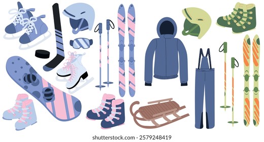 Big vector set of winter sport equipment skis, snowboard, boots, protective glasses, helmet, skates, ski poles, sled, stick, puck in blue color. Hand drawn vector illustrations in flat style