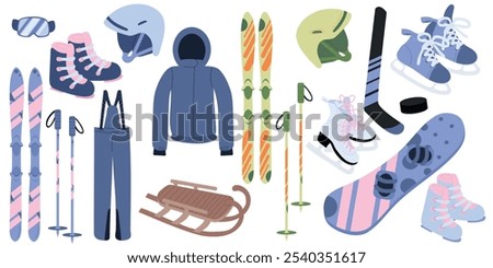 Big vector set of winter sport equipment skis, snowboard, boots, protective glasses, helmet, skates, ski poles, sled, stick, puck in blue color. Hand drawn vector illustrations in flat style