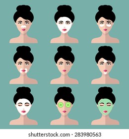 Big vector set of women icons with different cosmetic treatment facial masks in flat style. Female faces or heads collection.