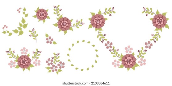 Big vector set of wreaths with flowers, herbs, leaves, branches, flowering plants, leafy and flower elements. Isolated. Floral illustration for creating invitations, cards, design and decor.