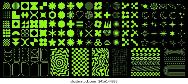 Big vector set of Y2K design elements. Trendy abstract minimalist figures, stars, flowers, circles. Vector illustration