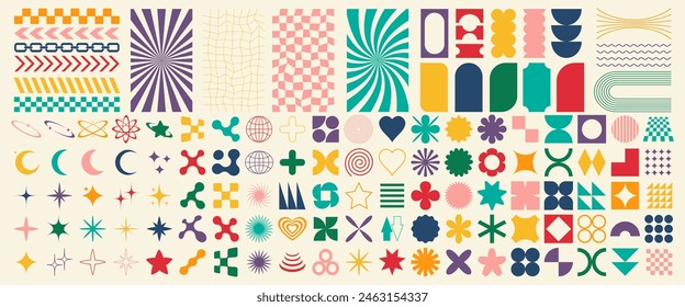 Big vector set of Y2K design elements. Trendy abstract minimalist figures, stars, flowers, circles. Vector illustration