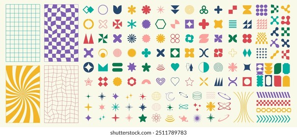 Big vector set of Y2K design elements. Trendy abstract minimalist figures, stars, flowers, circles. Vector illustration