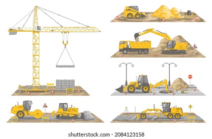 Big vector set of yellow construction vehicles