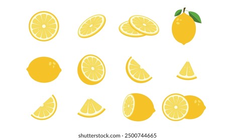 Big vector set of yellow fresh lemon icon. Lemon fruits on white isolated. Lemon slices collection