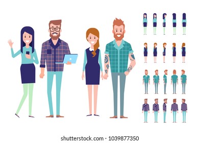Big Vector set of young male and female people. Front, side, back, 3/4 view animated characters. Modern Urban citizen characters. Flat vector illustration isolated on white background. 