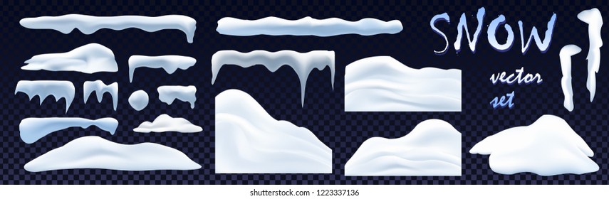 Big Vector Snow Set isolated on transparent background. Caps, Heaps, Snowdrifts Pile. Holyday Happy New Year 2019 Christmas Cold Winter Style. Greeting Card Design. Snow Texture. Vector Illustration.