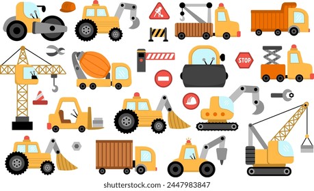 Big vector special transport set. Construction site, road work, building transport icons with bulldozer, tractor, truck, crawler crane, loader, digger, concrete mixer. Cute repair service vehicles
