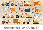 Big vector special transport stickers set. Construction site, road work, building transport icons with bulldozer, tractor, truck, crawler crane, digger, concrete mixer. Cute repair service vehicles
