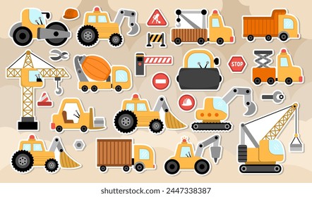 Big vector special transport stickers set. Construction site, road work, building transport icons with bulldozer, tractor, truck, crawler crane, digger, concrete mixer. Cute repair service vehicles
